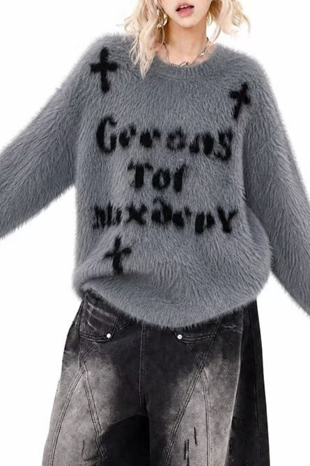 Fuzzy Letter Cross Motif Sweaters