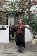 Plaid Mesh Slim Long-sleeve Y2k Knit Top