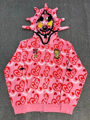Streetwear Rhinestone Cartoon Print Zip Hoodie