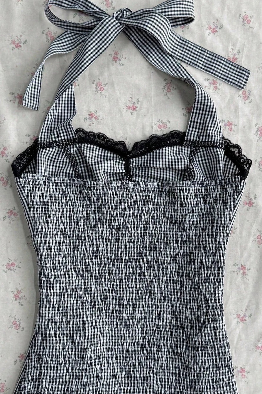 Striped Polka Dot Bow Ruched Cropped Slim Halter Top