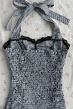 Striped Polka Dot Bow Ruched Cropped Slim Halter Top
