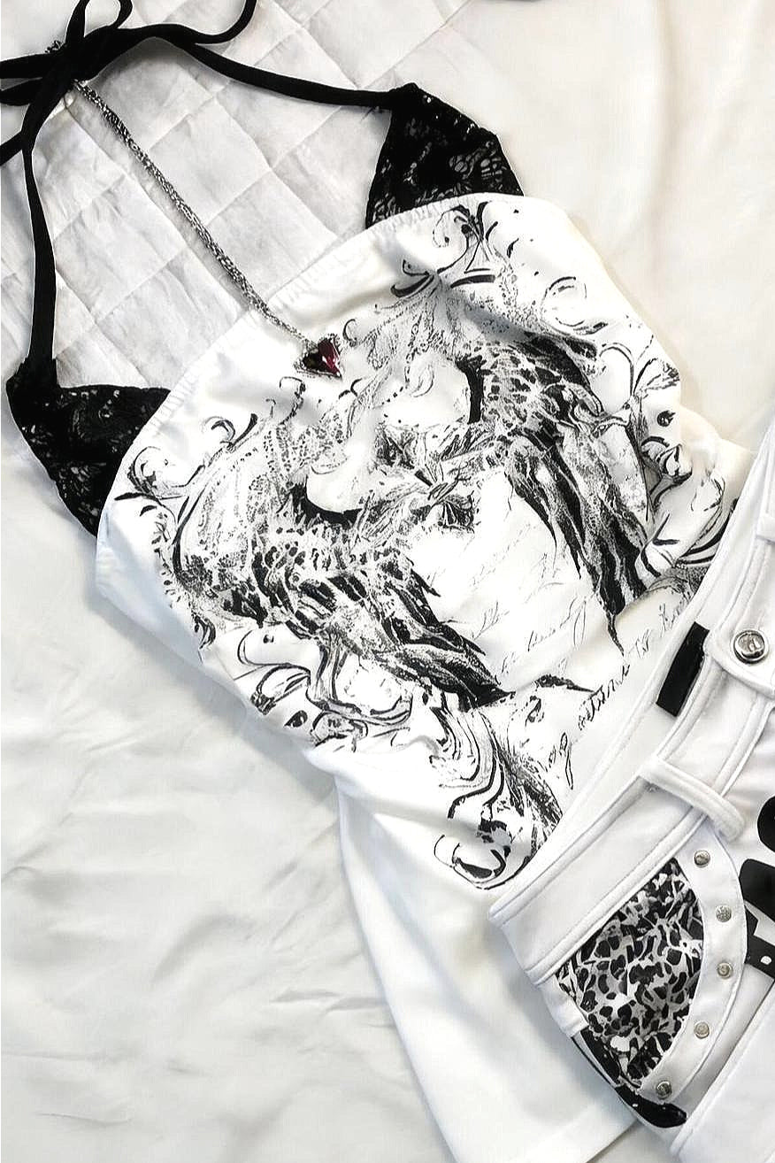Retro Black White Thorn Wing Print Lace Halter Top