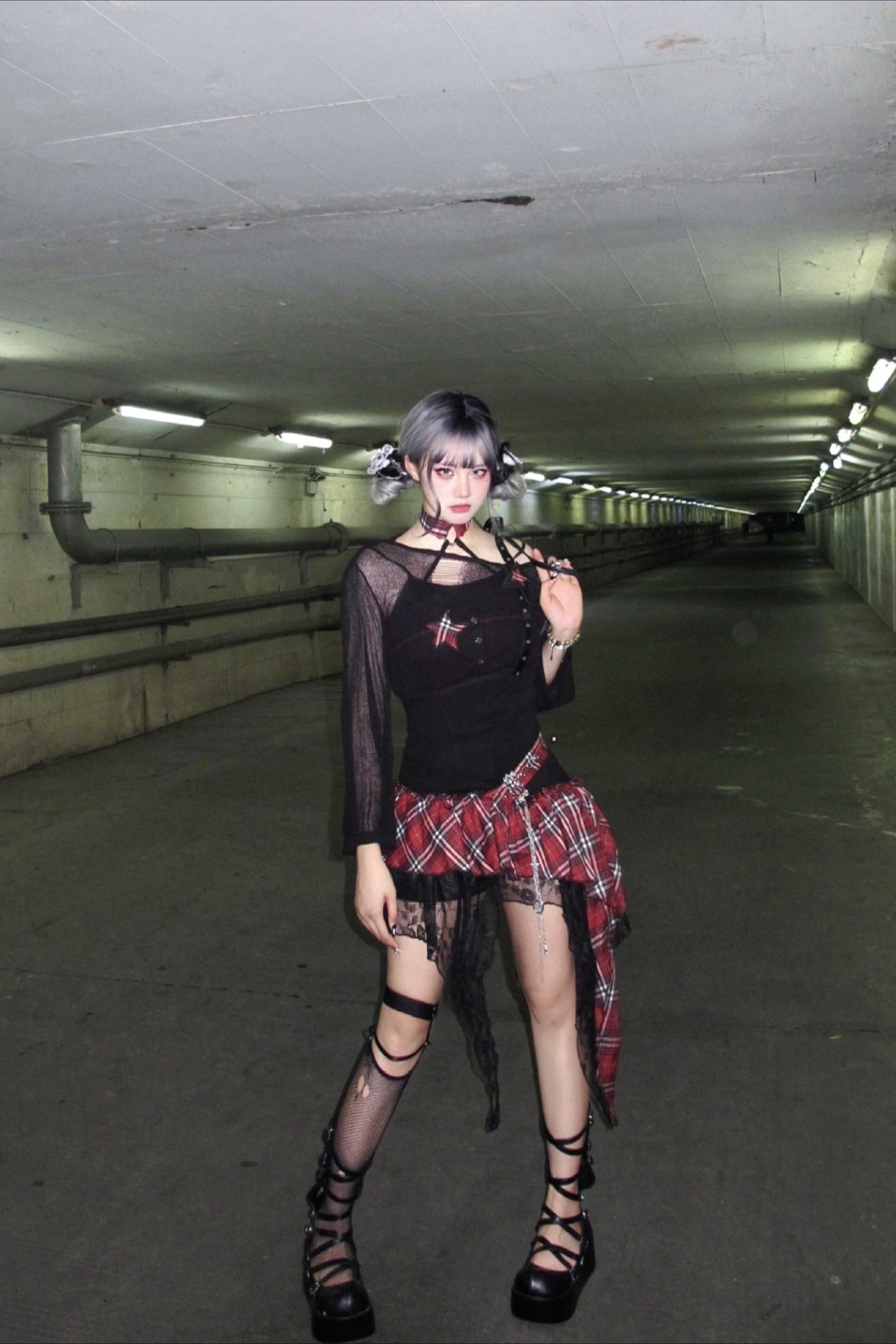 Asymmetrical Plaid Patchwork Hollow Out Mini Dress Secondary image