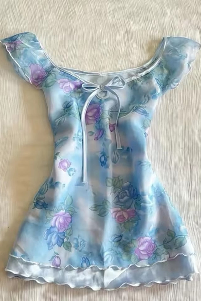 Sweet Y2K Print Ruffle Waist Mini Dress Secondary image