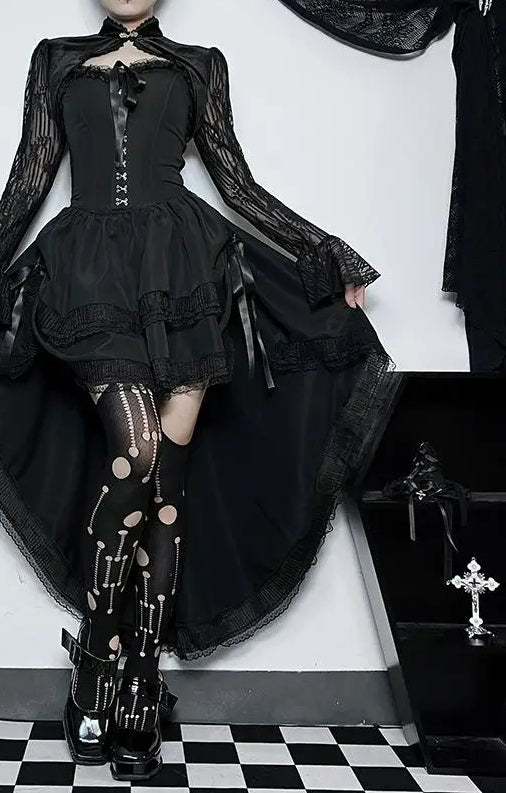 Asymmetric Pleated Lace Black Midi Dress
