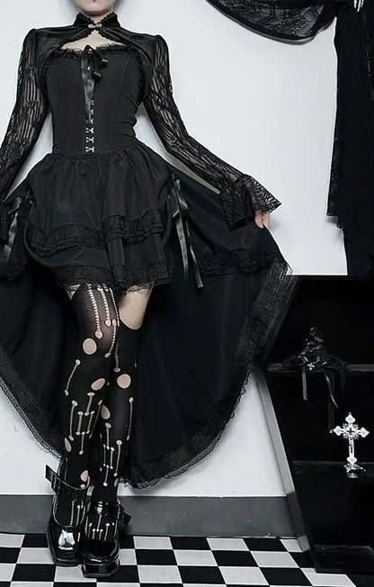Asymmetric Pleated Lace Black Midi Dress