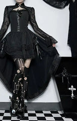 Asymmetric Pleated Lace Black Midi Dress