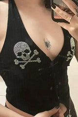 Gothic Skeleton Print Rhinestone Crop Top