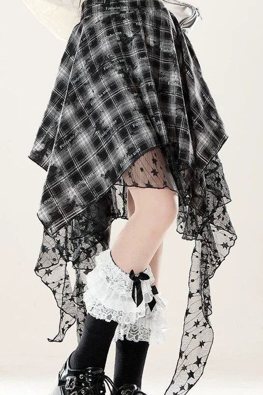 Black Plaid Lace Asymmetrical Mini Skirt
