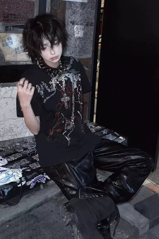 Dark Punk Alt-Girl Printed Silk Loose T-shirt Secondary image