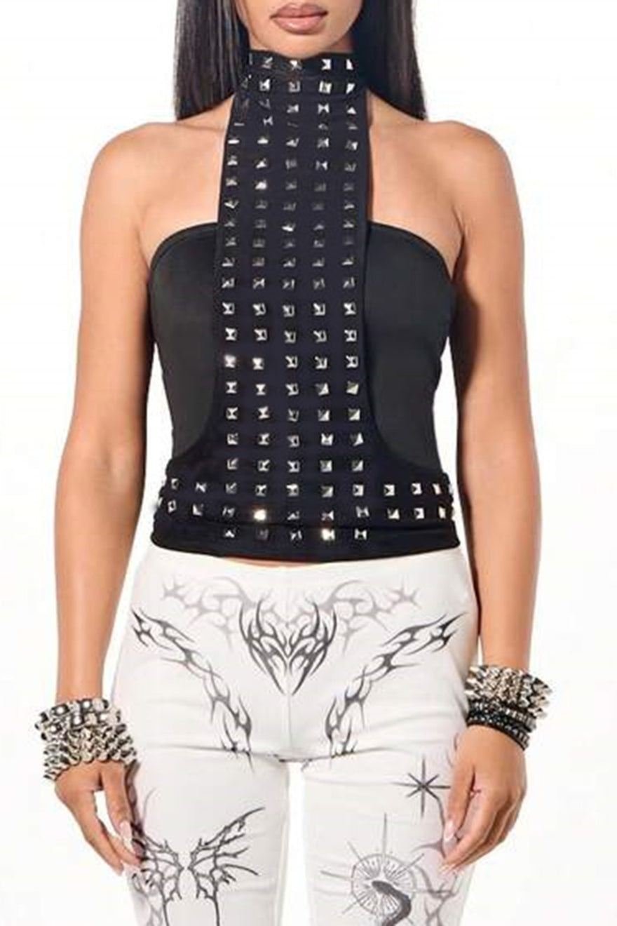 Y2K Gothic Rivet Lace-up Halter Top