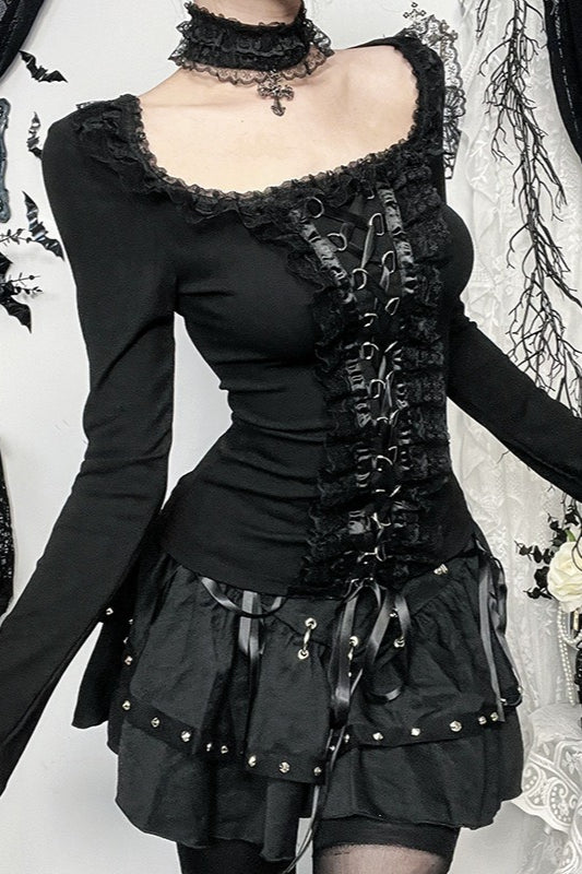 Square Neck Ribbon Lace Up Long Sleeve Top