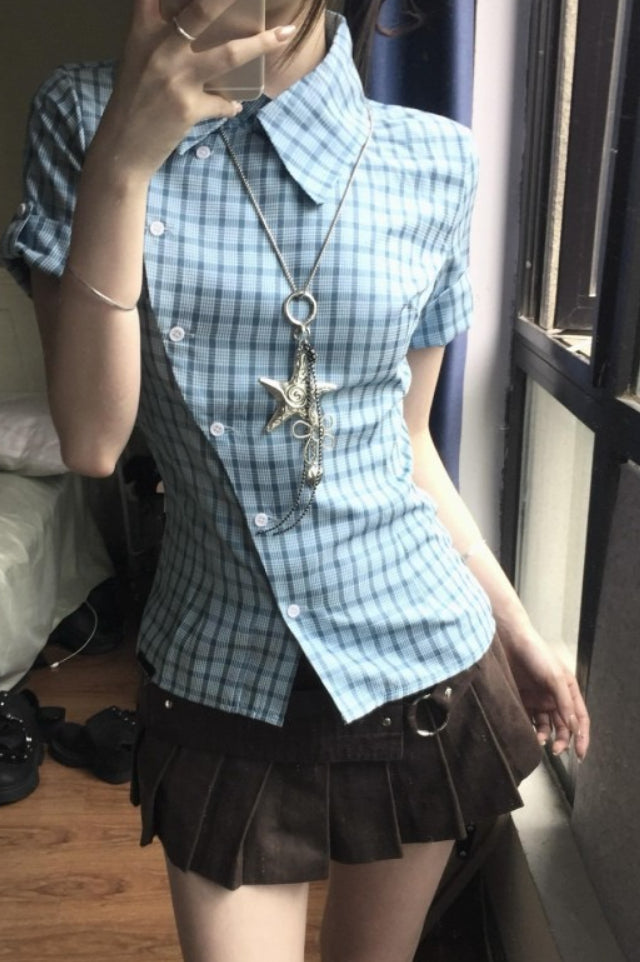 Vintage Blue Plaid Short Sleeve Blouse Secondary image