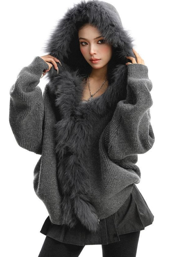 Plush Trim Hooded Button Sweaters Secondary image