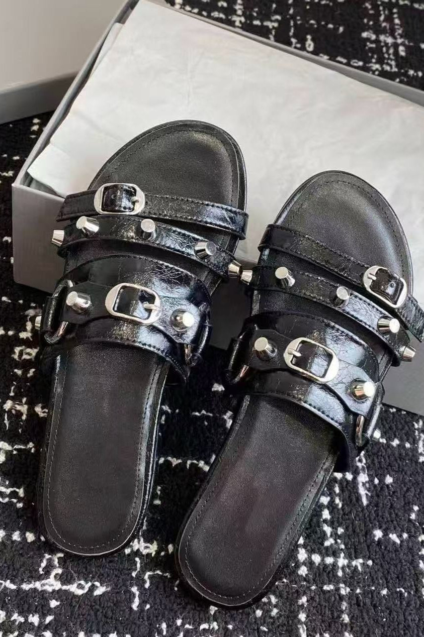 Multi-Buckle Studded Flat Slides