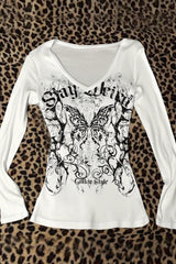 Y2K Print Tie-Detail Patchwork Long Sleeve Knit Top