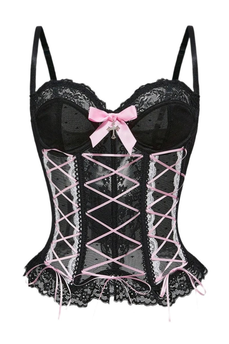 Cross Front Bow Lace Boned Corset Main image