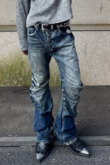 Street Punk Vintage Distressed Curved Denim Pants