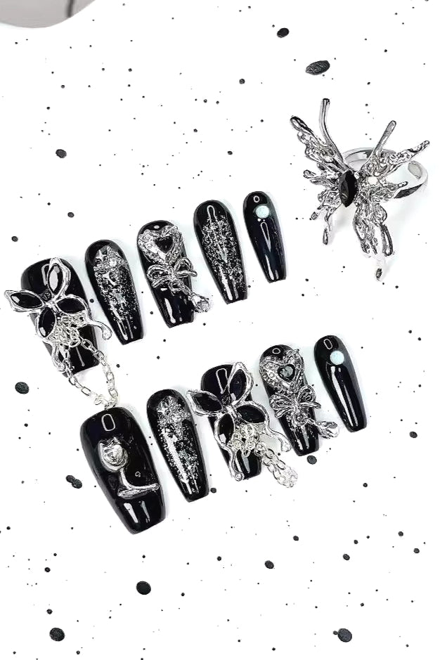 Y2K Dark Rhinestone Butterfly Press On Nails