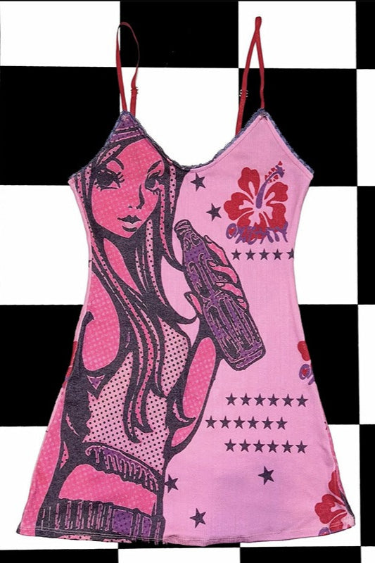 Slim Cartoon Print Lace Trim Cami Mini Dress