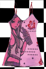 Slim Cartoon Print Lace Trim Cami Mini Dress