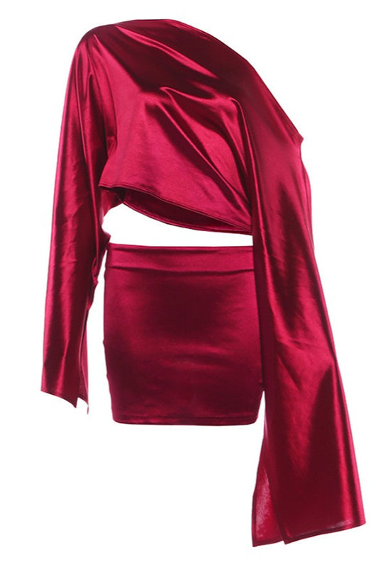 Glossy Asymmetric Bell Sleeve Skirt Sets