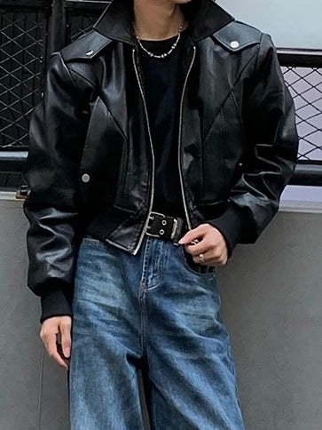 Black Shoulder Pad Biker Jacket