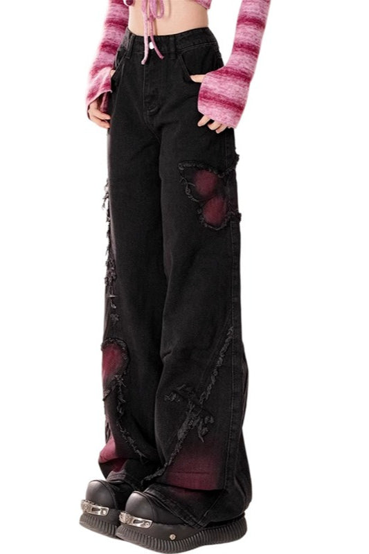 Butterfly Patch Washed Wide Leg Jeans