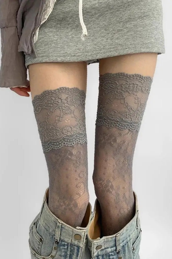 Lace Trim Y2K Floral Fishnet Over Knee Mesh Socks Secondary image