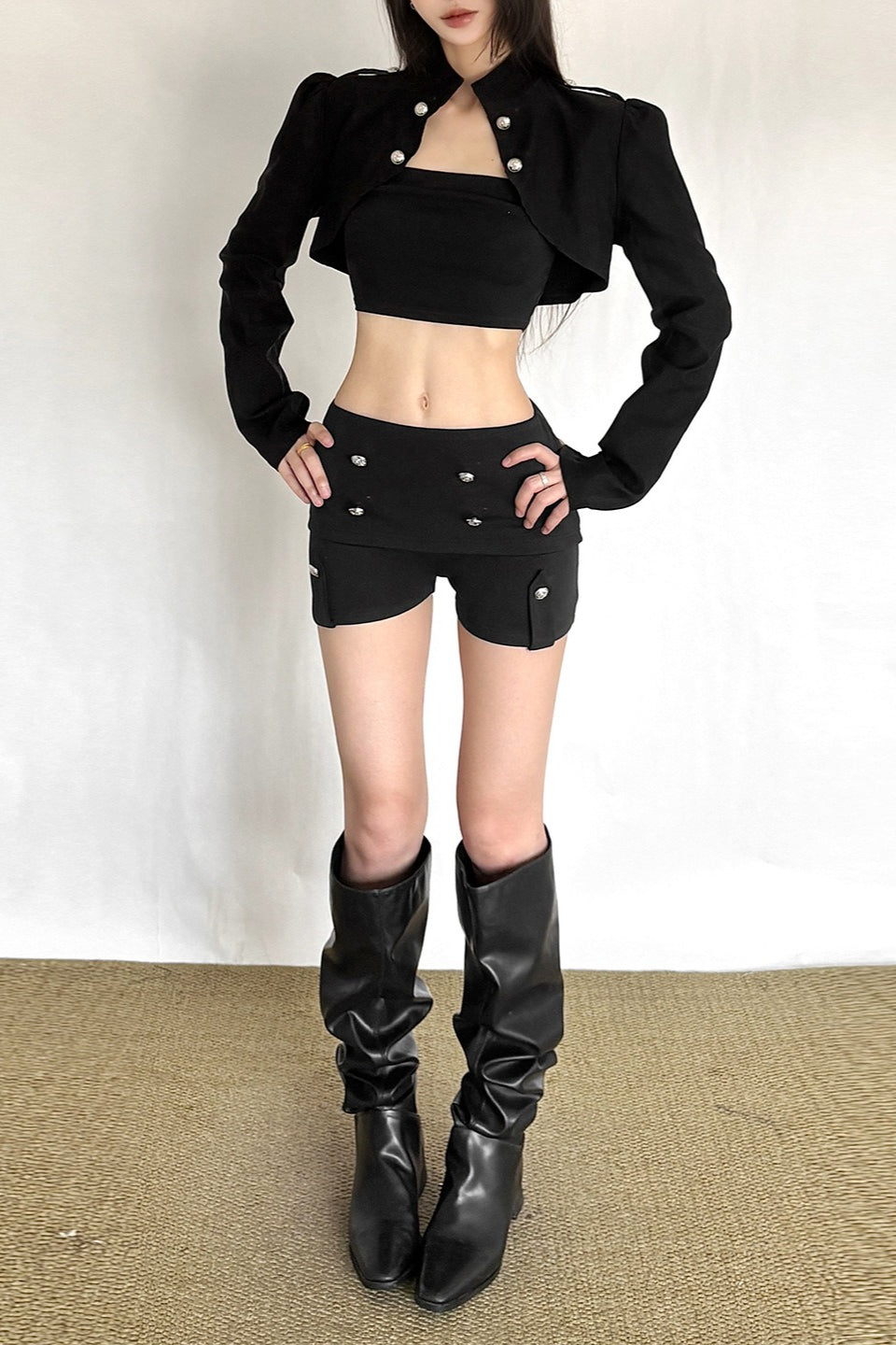 Metal Button Cropped Shorts Sets