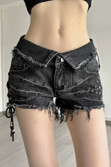 Edgy Black Denim Tie Waist Rivet Shorts