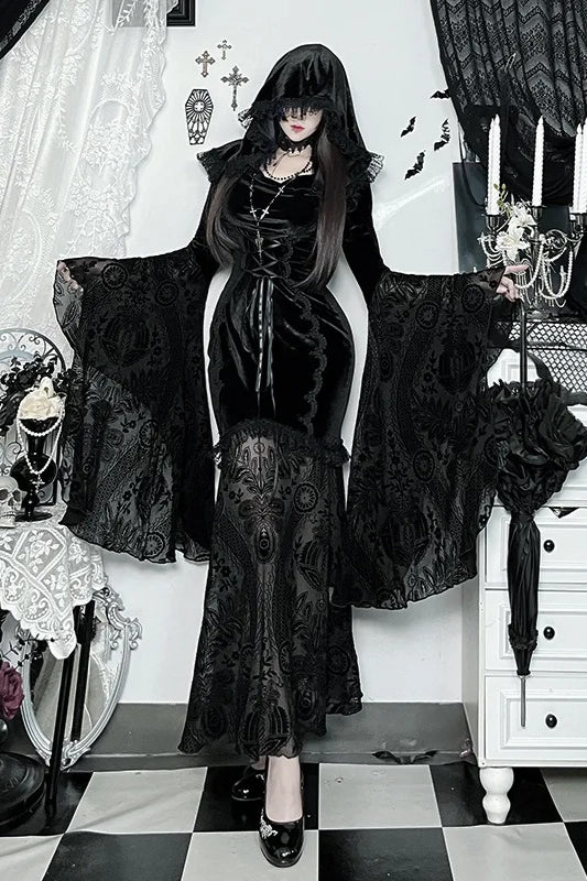 Dark Goth Flocking Lace Batwing Sleeve Hooded Maxi Dress Main image