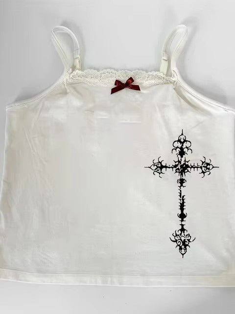 Gothic Cross Print Lace Trim Crop Top Main image