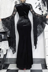 Goth Dark Lace Velvet Batwing Sleeve Maxi Dress