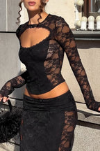 Lace Cutout Long Sleeve Crop Tops