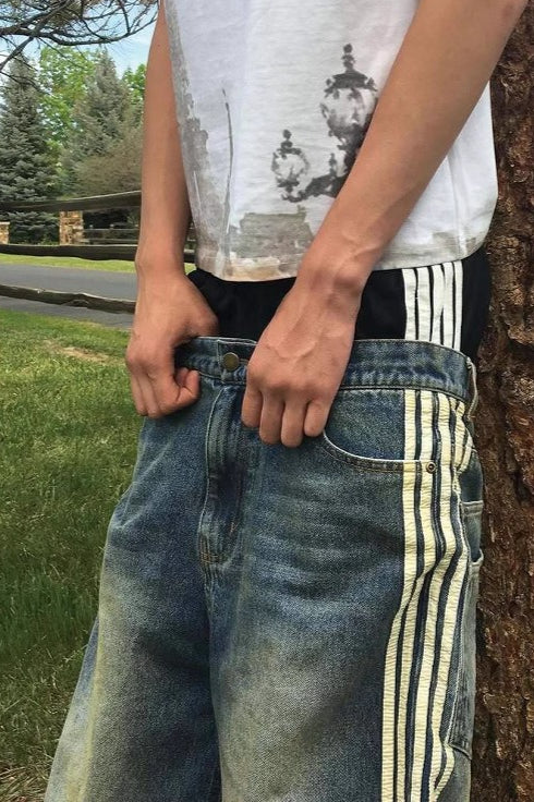 Striped Side Panel Distressed Wide Leg Jeans