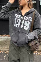 Washed Number Graphic Zip Hoodies