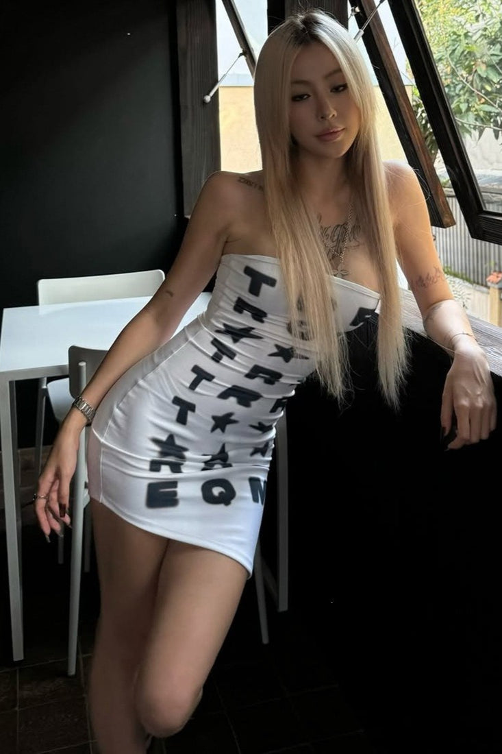 Letter Star Print Strapless Mini Dress