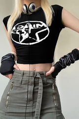 Dark Edgy Print Ruffle Sleeve Slim Crop Top