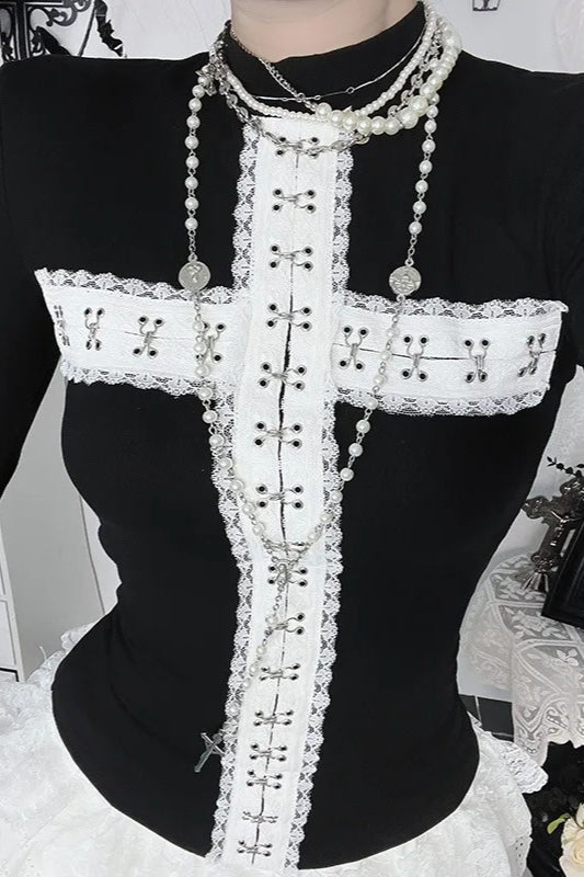 Y2K Aesthetic Lace Paneled Gothic T-shirt