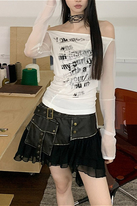 Punk Letter Print Mesh Lace Ruch T-shirt Main image