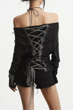 Punk Ripped Apricot Lace-up Off Shoulder T-shirt