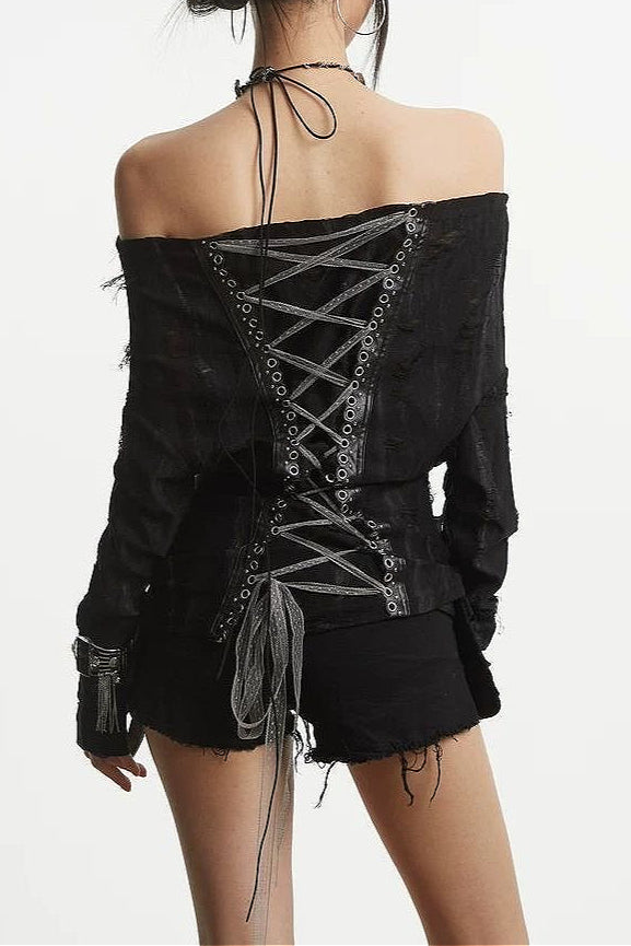 Punk Ripped Apricot Lace-up Off Shoulder T-shirt