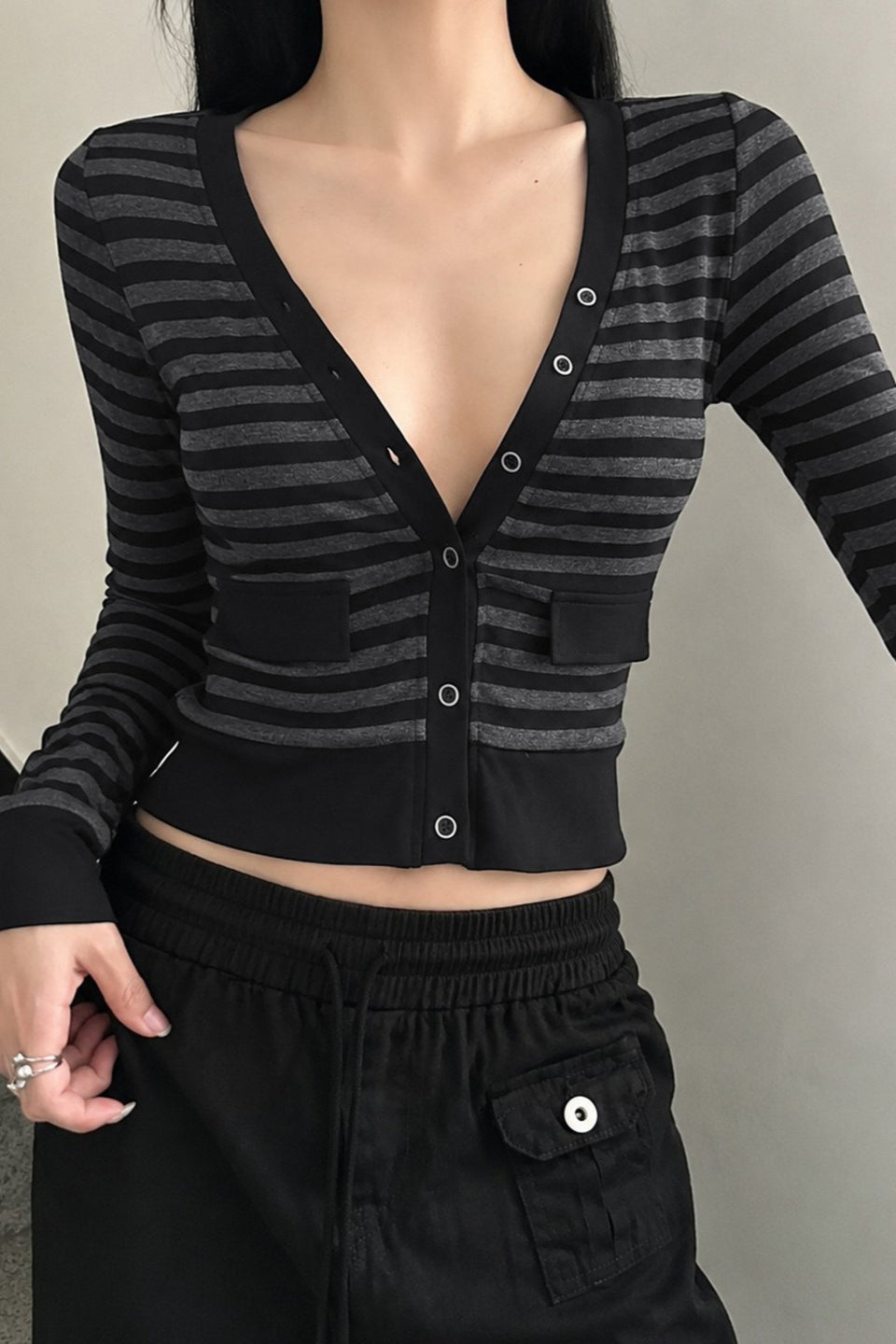 Striped V Neck Pocket Cardigans