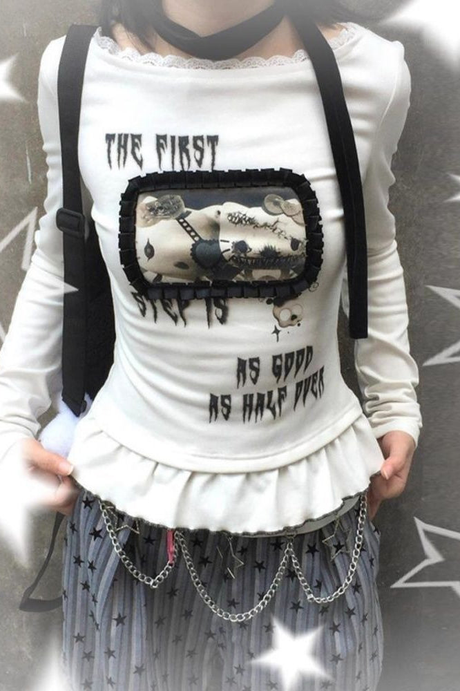 Y2K Grunge Printed Slim Lace Patchwork Long Sleeve T-shirt Main image