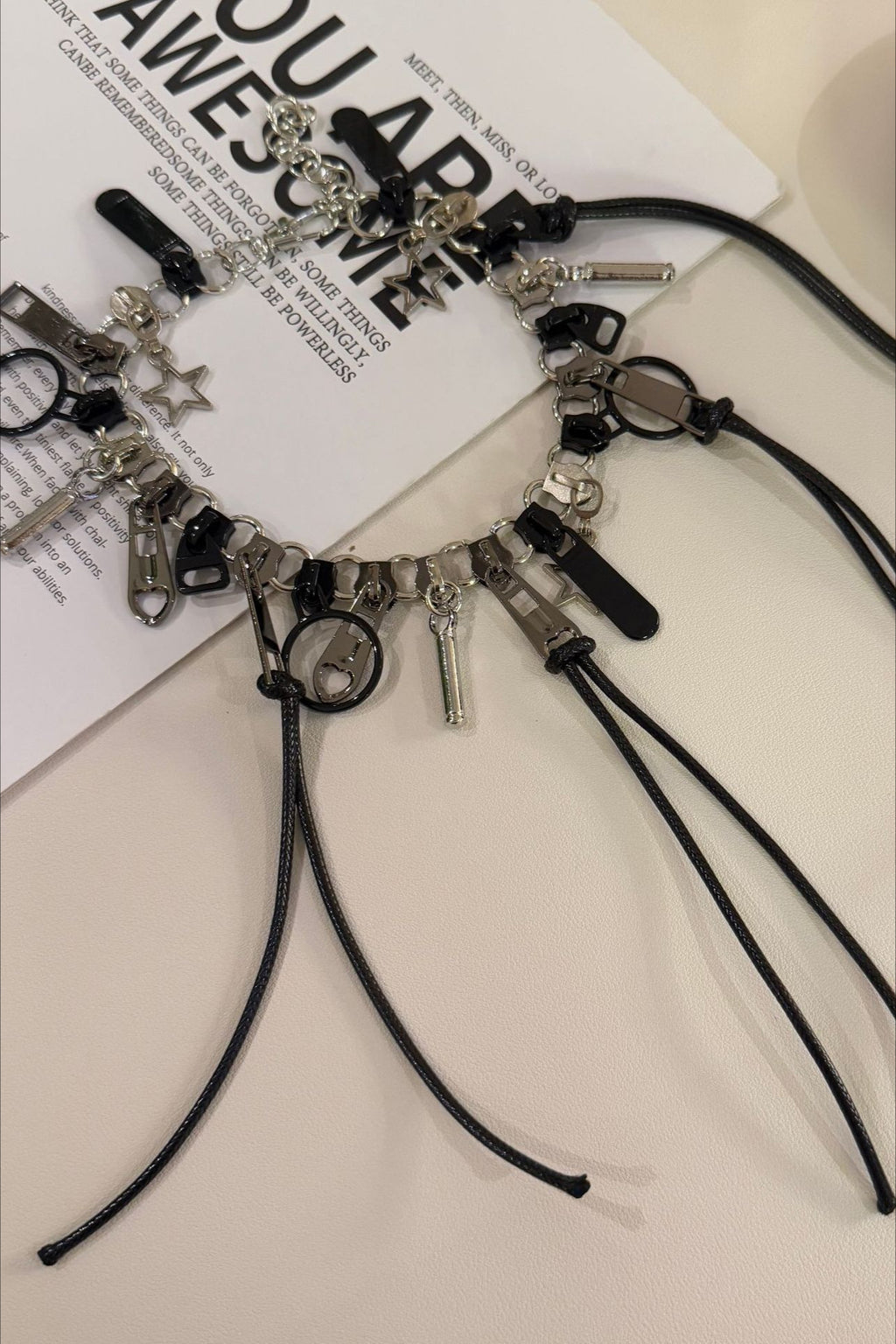 Black Zipper Leather Cord Necklace
