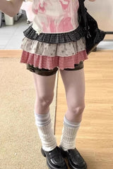 A-Line Pleated Patchwork Layered Star Striped Plaid Mini Skirt