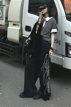 Street Letter Embroidery Black Wide Leg Pants