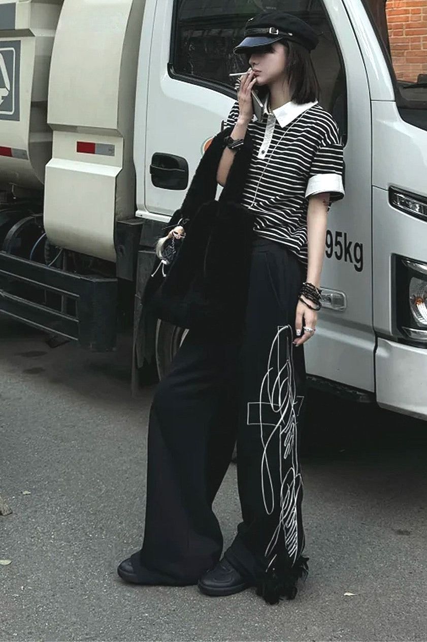 Street Letter Embroidery Black Wide Leg Pants