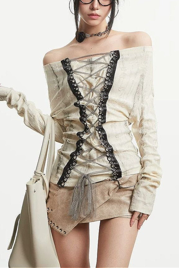Punk Ripped Apricot Lace-up Off Shoulder T-shirt